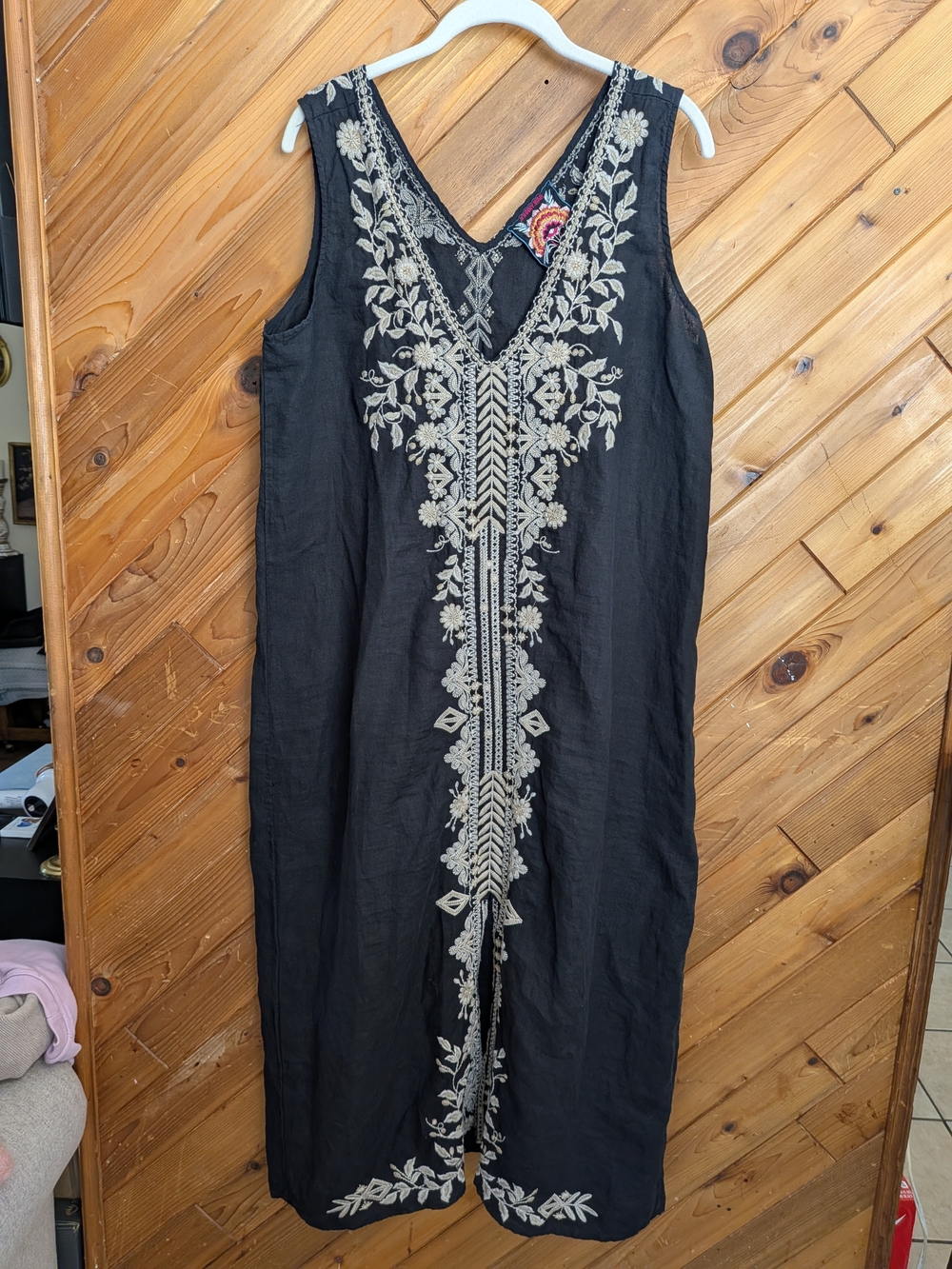 Johnny Was Black 100% Linen Embroidered Midi Dress L